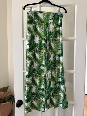 Ava Sky White Wide-Leg Pants with Green Palm Leaf Print